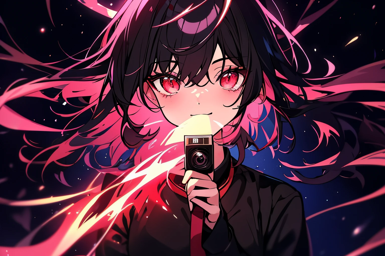 The image shows Nanashi Mumei alone at night in Venezuela, observing the famous phenomenon known as Catatumbo lightning in the distance. She is dressed in a tourist outfit and has a camera to capture the rather wonderful phenomenon. In the picture, lightning can be seen lighting up the night sky as she Nanashi Mumei watches in fascination. The environment is detailed with an impressive recreation of the nocturnal nature of the Zulia state. Everything is animated and the quality is 16k which makes for a stunning and vibrant image.