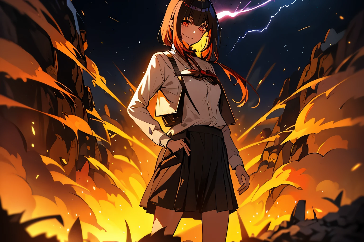 The image shows Nanashi Mumei alone at night in Venezuela, observing the famous phenomenon known as Catatumbo lightning in the distance. She is dressed in a tourist outfit and has a camera to capture the rather wonderful phenomenon. In the picture, lightning can be seen lighting up the night sky as she Nanashi Mumei watches in fascination. The environment is detailed with an impressive recreation of the nocturnal nature of the Zulia state. Everything is animated and the quality is 16k which makes for a stunning and vibrant image.