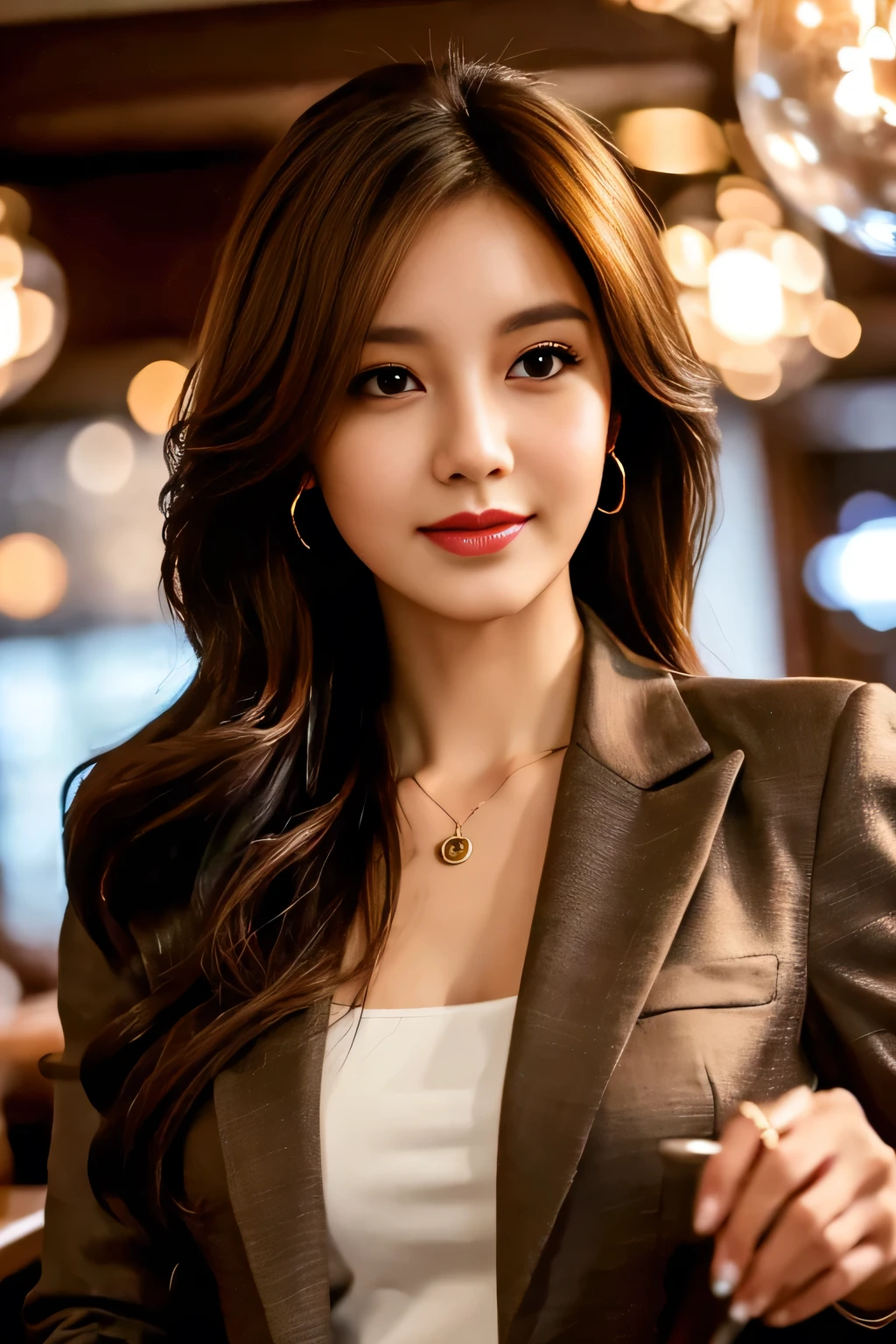 masterpiece, highest quality, Realistic, Very detailed, Finer details, High resolution, 8k wallpaper, One beautiful woman, Wear casual business attire, In a great restaurant, At night, Light brown messy hair, Perfect dynamic composition, Beautiful and beautiful eyes