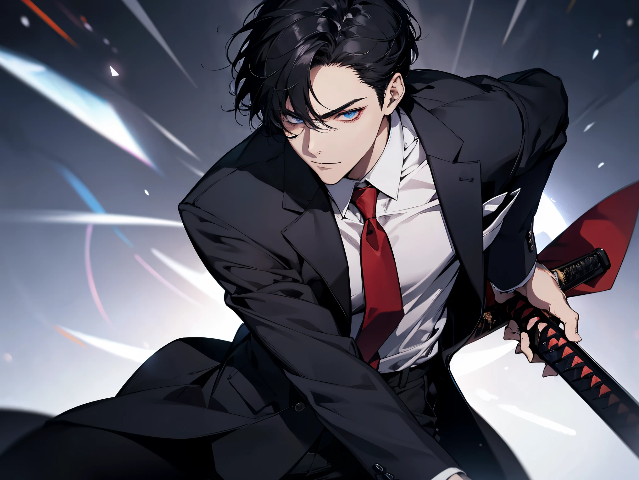 1 man, teacher, wearing white shirt, black suit, black long pants, black hair, short hair, blue eyes, red tie, face to detail, detailed eyes, the background is black galaxy, holding a katana