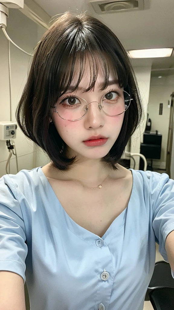 ((Best quality, 8k, 4k, hospital, sfw, Masterpiece :1.3)), 1girl, Pretty young mom with slender abs :1.3, (Medium-short hair, huge breasts, fat curvy body :1.2), sweaty :1.1, Ultra-detailed face, Detailed eyes, Double eyelid, palm skin, hyper pregnant, blue doctor uniform, (detailed doctor uniform, detailed skin, detailed face, high resolution, masterpiece, perfect lighting), bloom, cinematic lighting, perfect skin, female, looking at viewer, cowboy shot, (RSEEmma:1.5), (CWT, round eyeglass, thick eyebrows, parted bangs, freckles), angry face