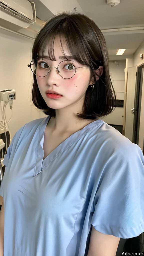 ((Best quality, 8k, 4k, hospital, sfw, Masterpiece :1.3)), 1girl, Pretty young mom with slender abs :1.3, (Medium-short hair, huge breasts, fat curvy body :1.2), sweaty :1.1, Ultra-detailed face, Detailed eyes, Double eyelid, palm skin, hyper pregnant, blue doctor uniform, (detailed doctor uniform, detailed skin, detailed face, high resolution, masterpiece, perfect lighting), bloom, cinematic lighting, perfect skin, female, looking at viewer, cowboy shot, (RSEEmma:1.5), (CWT, round eyeglass, thick eyebrows, parted bangs, freckles), angry face