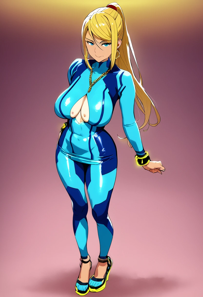 score_9,score_8_up,score_7_up,score_6_up, takeda hiromitsu style,1girl, sole_female, tanned, tanlines, pink bodycon dress, blue bodycon dress, sequins, mini_dress, micro_dress, shiny_clothes, sheer_clothing confident_pose, standing, intricate_face, intricate_eyes, smile, saggy_breasts, slender_waist, curvy_hips, high_heels, gold_bracelets, chain_necklace, hoop_earrings, ankle_bracelets, dynamic_pose, sexy_face, sultry, curvy, skindentation, skin_tight, short_dress milf, mature_female, thick_hips, horny, cleavage_cutout, hip_vent, hip_cutout, sagging_breasts, skimpy_outfit, revealing_outfit, sultry_expression, seducing_eyes, bedroom_eyes, seductive, sexy_pose, bend_over, Samus_Aran