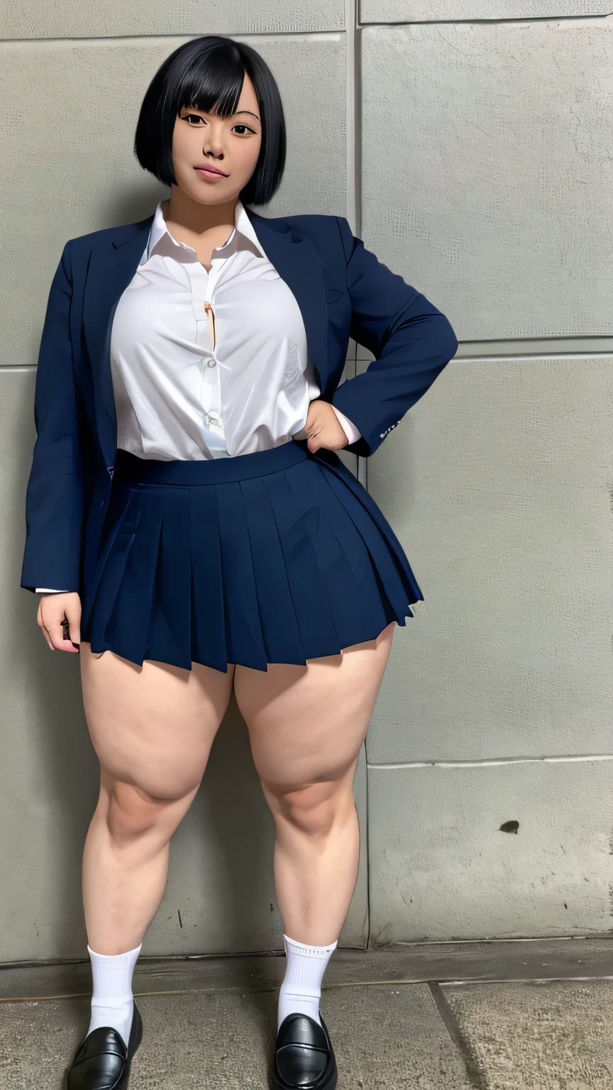 A cute Japanese woman with black bob hair is standing,High school girl in miniskirt,A beautiful idol face like a sculpture,Athletic build,Japanese school girl uniform,White skin,Plump,((Lower body fat,Muscular,Sensual Very thick legs,Voluptuous thick lower body,Very thick legs,Sensual Very thick legs,chubby girl))Full Body Shot,Highest quality,Tokyo cityscape,Navy blue blazer,Button-up collar shirt,tie,Pleated skirt,loafers