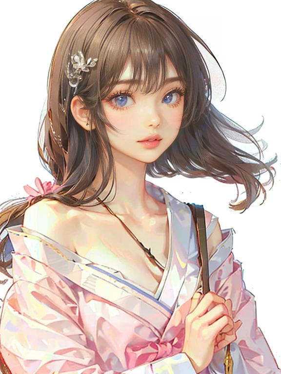 (((1 girl))),masterpiece,highest quality,realistic,Upper body,long hair,gray hair,skin texture、beautiful japanese kimono、(band、peach:1.2)、Long hakama hem,milestone celebration,white background、pink coat,