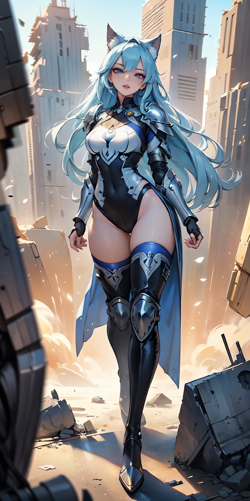 Masterpiece, beautiful art, 8k, art style by sciamano240, very detailed face, detailed clothes, detailed fabric, 1girl, beautiful face, asymmetrical long hair, light blue hair, space armor , thigh boots , very detailed blue cat eyes, hero stance , serious expression, destroyed city, full body view,