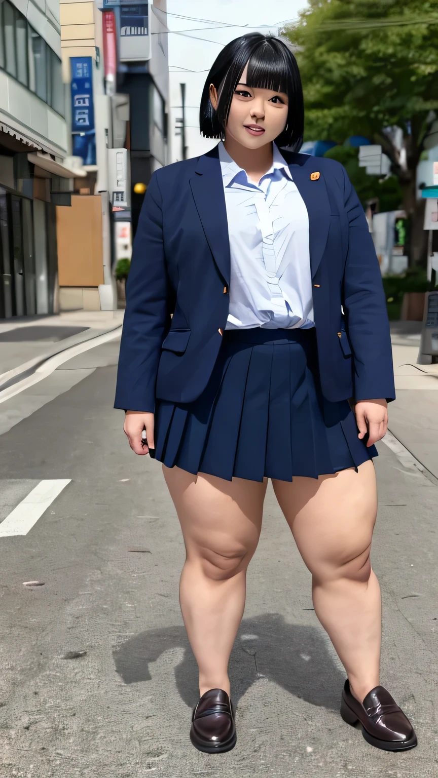 A cute Japanese woman with black bob hair is standing,High school girl in miniskirt,A beautiful idol face like a sculpture,Athletic build,Japanese school girl uniform,White skin,Plump,((Lower body fat,Muscular,Sensual Very thick legs,Voluptuous thick lower body,Very thick legs,Sensual Very thick legs,chubby girl))Full Body Shot,Highest quality,Tokyo cityscape,Navy blue blazer,Button-up collar shirt,tie,Pleated skirt,loafers