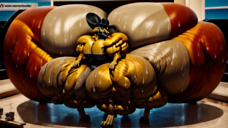 4k, high resolution, best quality, perfect lightning, perfect, solo, anthro, young, boy,golden yellow wolf:2.0, furry body, (fluffy mane:1.2), fluffy tail, male, adult, (bulky2:0, thick muscles2:0, huge muscles:2.0, hyper muscles:2.0), (thick biceps, veiny biceps, broad shoulders:2.0), (thick legs, thick calves:1.1), (digitigrade legs, 4 toes:1.2), perfect colors, (photorealistic fur, detailed fur, epic, masterpiece), (suggestive posing:1.2), (seductive smile, lustful grin 1.3), detailed beach,detailed wolf eyes:2.0, by k0suna, by darkgem,nipple ring,hyper arms:2.0,veins,golden yellow fur,hyper butt:2.0,hyper paws:2.0,standing,thick legs,thick butts:2.0,sweat body:2.0,massive butt:2.0,black hat,hyper ass:2.0,huge ass,long legs,juicy butt:2.0,butt like a wall:2.0,fat butt,butt fill most of picture:2.0,fat legs