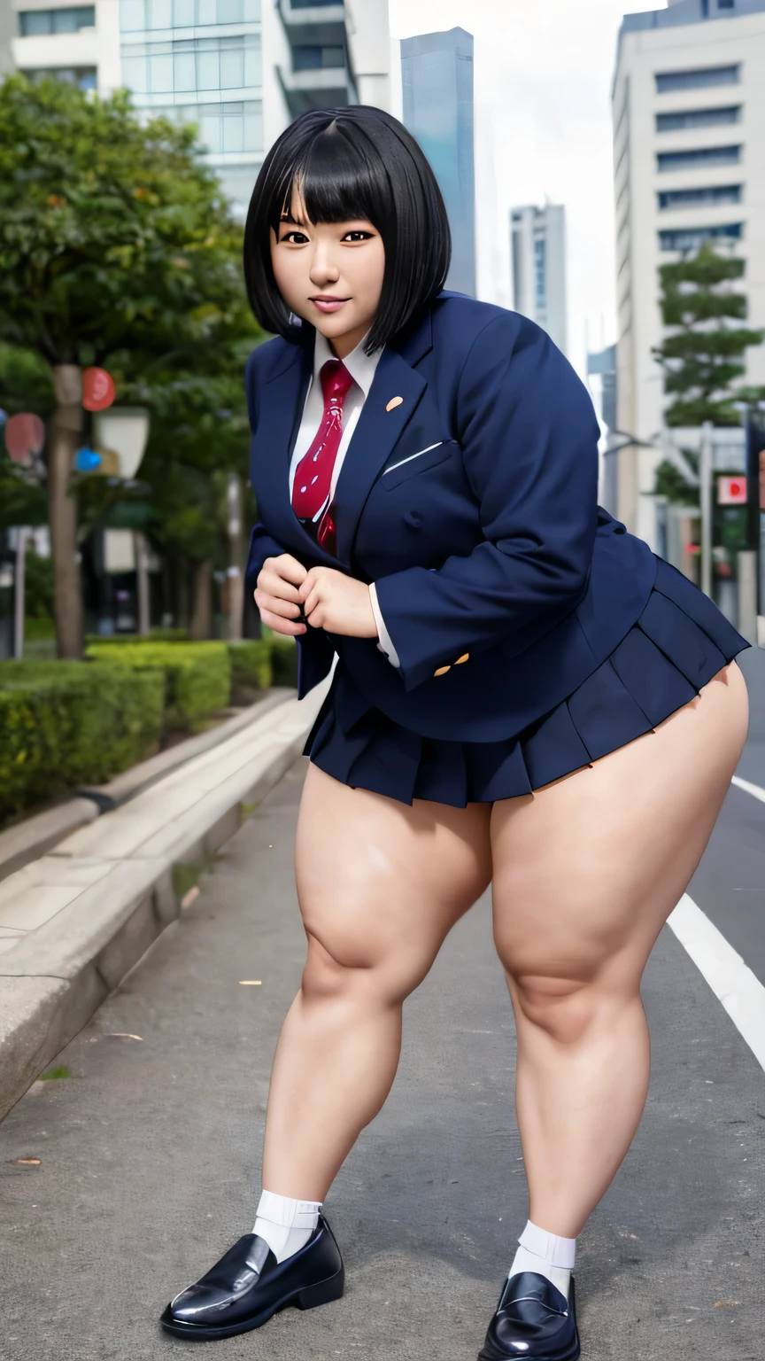 A cute Japanese woman with black bob hair is standing,High school girl in miniskirt,A beautiful idol face like a sculpture,Athletic build,Japanese school girl uniform,White skin,Plump,((Lower body fat,Muscular,Sensual Very thick legs,Voluptuous thick lower body,Very thick legs,Sensual Very thick legs,chubby girl))Full Body Shot,Highest quality,Tokyo cityscape,Navy blue blazer,Button-up collar shirt,tie,Pleated skirt,loafers