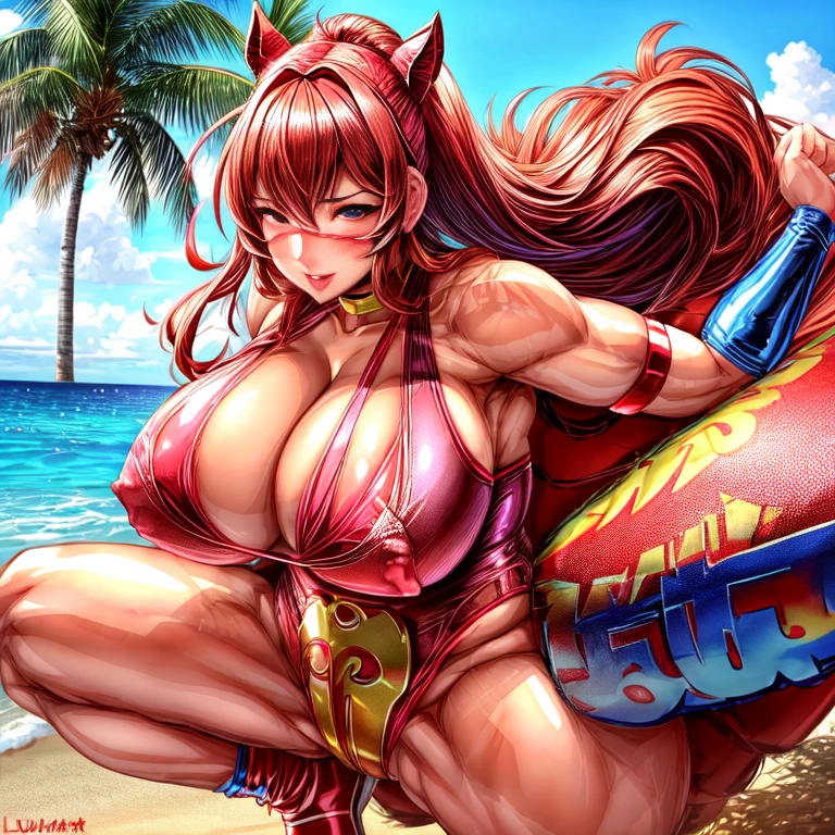 Woman dressed as a luchador_mask,  、Camel Toe、Giant tit、Nipple Puffs、Cleavage、Plump、Super big breasts、Super big butt、ringにかけろ、Professional wrestler、Quite lewd、Full body photo、Group photo、multiple、Beach、ring