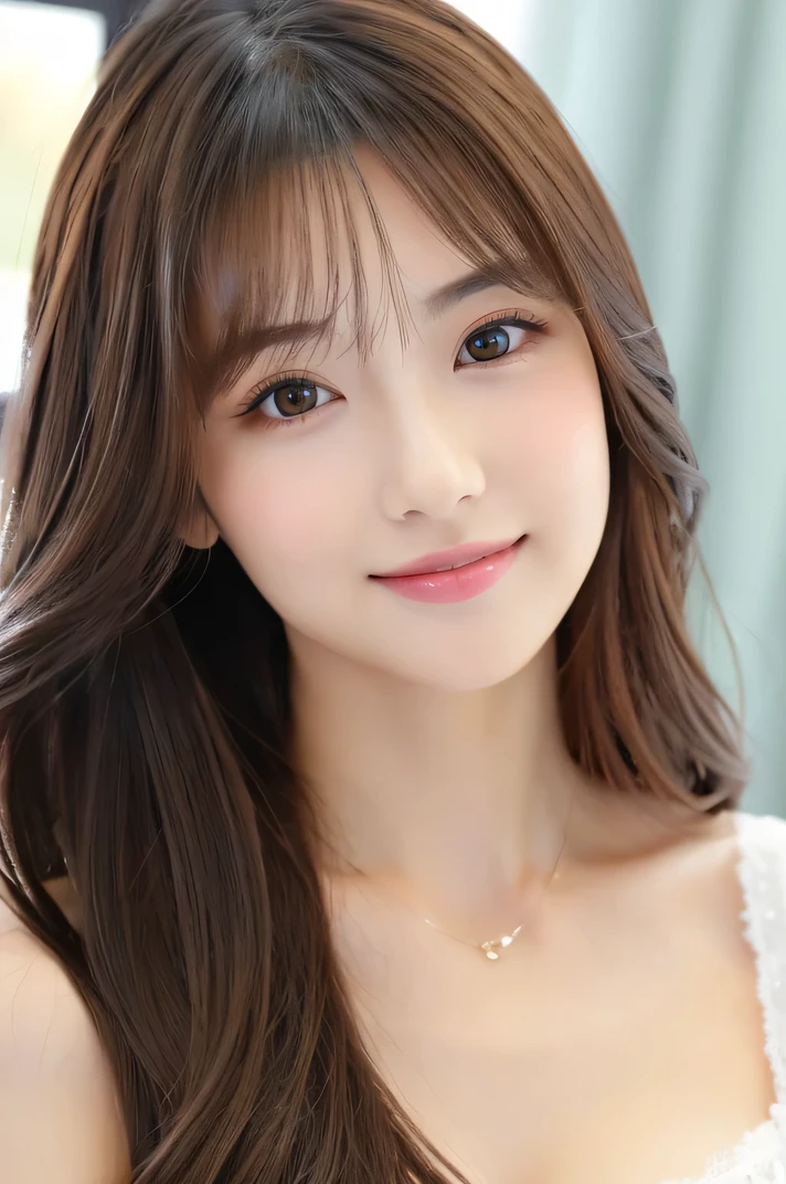 (((8ｋ,Attention to detail,Attention to detail、highest quality，masterpiece,Attention to detail,))),RAW Photos & Realistic atmosphere,Beautiful dark eyes,Mouth Details,Glossy Lips,Thin eyebrows,beautiful Eyes、Soft white skin that shines in every detail、Her deep black eyes are very beautiful, Very beautiful face,Very beautiful face、A vivid face,beautiful, Glowing Lips,beautiful Eyebrows,Infinite Reality, Realistic Young Gravure Idol,Very cute woman , Young Gravure Idol, Young Gravure Idol, とても美しくてかわいいbeautiful 21 year old beauty,Incredibly beautiful and elegant，beautiful 21 year old beauty,Natural soft light,A little brown hair，（Shiny Hair,,beautiful and kind eyes：1.5）,A kind smile,Shapely breasts,Medium Long Hair,beautiful posture,No makeup,Watching the Future,