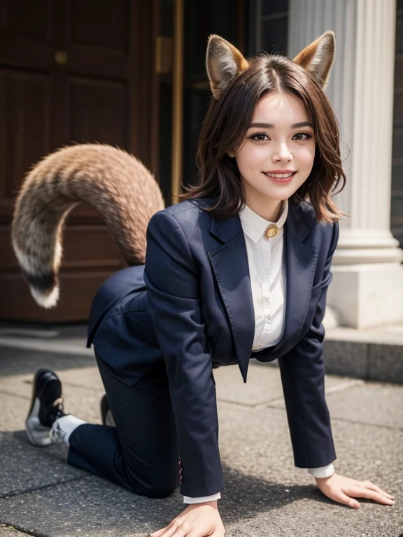 ((highest quality, 32k)), ((masterpiece)), (Get used to it), Perfect Face, Squirrel Girl, Beautiful woman, public, Has a tail, She has a fox tail, She wags her fluffy tail, smile, collar, She wears a business suit, Beautiful hip line, A tail sticking out from a business suit, Large Breasts, Get on all fours