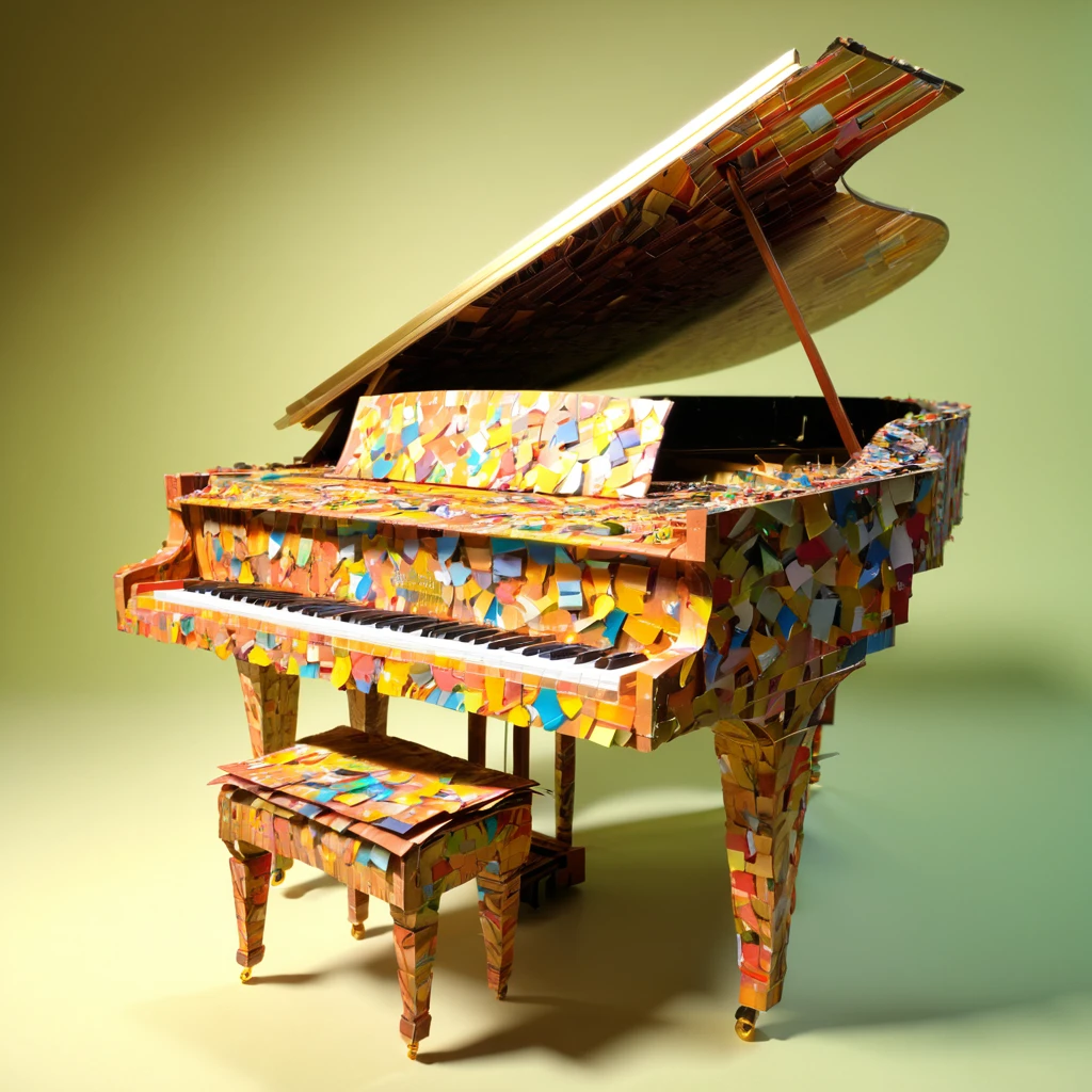 ((Realistic)), (Photorealistic、Realistic), Reference Photo, 最high quality, high quality, (Surrealism,),Artistic ,(Realistic grand piano:1.4)、 ((A three-dimensional art piece made from garbage、Paper Craft)), (Eco Craft),(紙で作られたbeautifulピアノ:1.4)、 Scattered beneath the surface, (Designed with attention to detail), ((beautiful)), (Detailed 3D effect:1.1), Photorealism, Volumetric lighting,anime、Simple Background