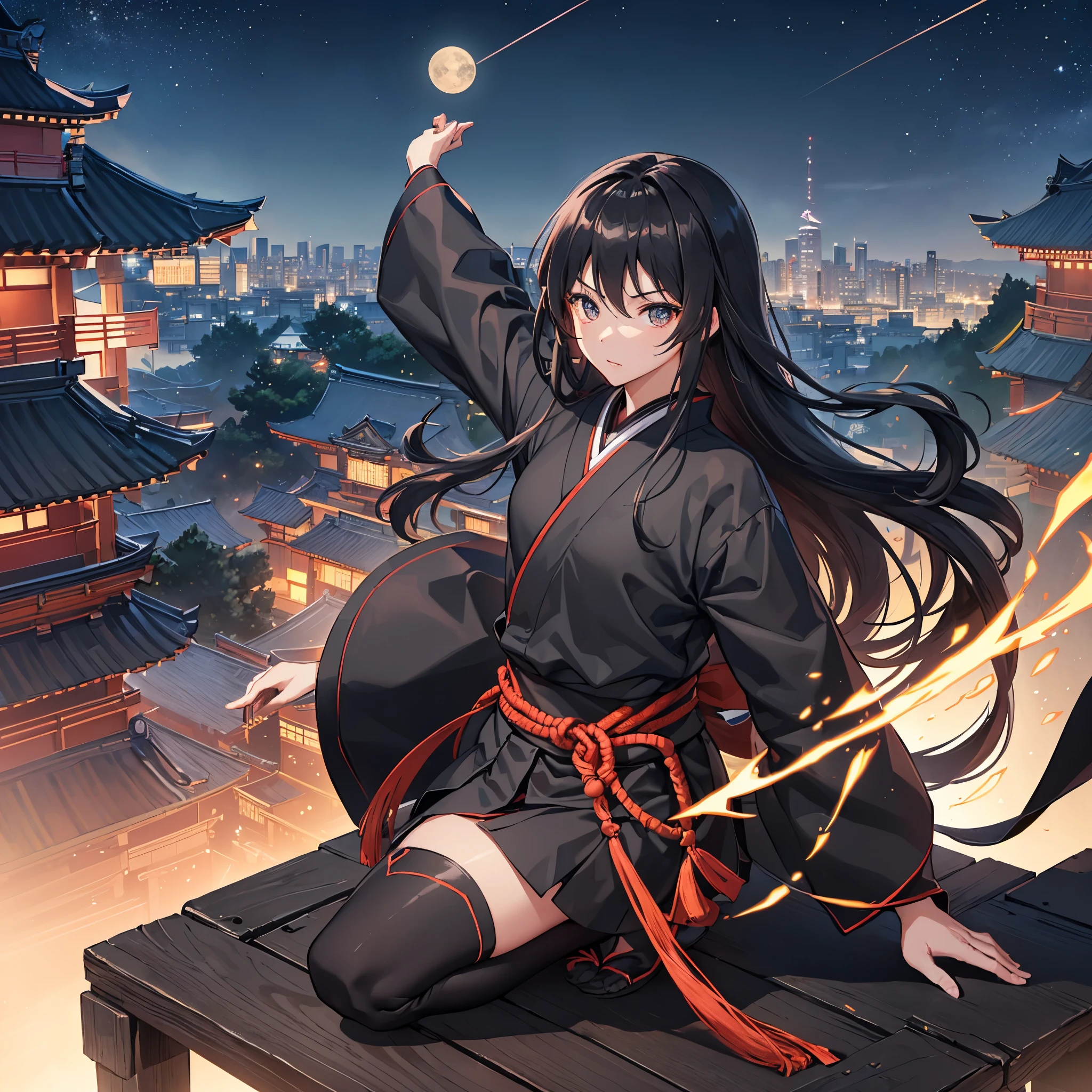 ((blackい髪 Long Hair Ninja black Kunoichi)) ((night Overlooking the city Japanese style old)) (Dance short sword Shuriken) moon star Jump Aerial