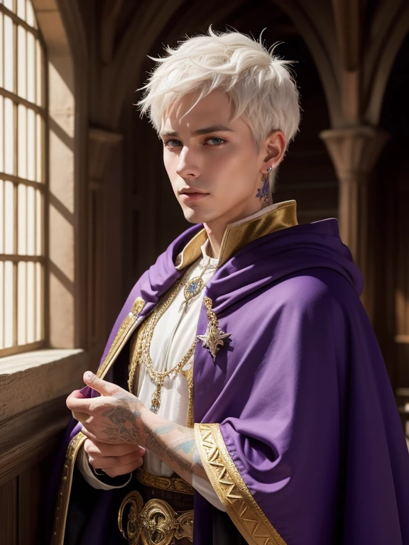 the highest quality, detailed image, colorful, vivid colors, solo, detailed face, male, white short spiky hair, tan medieval adviser, inside old castle, glossy skin, cloak, gilded, royal, lavender accents, swan, swans, desert theme, tattoos,