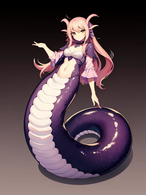 pink snake girl. fantasy setting. long hair. Long women's haircuts, big breasts. pink snake under the body. pink scales. Looks good and friendly. sexy, long body