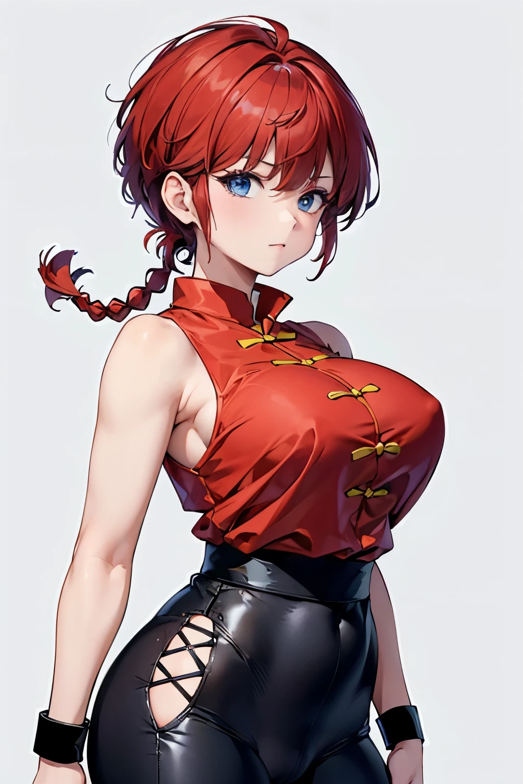 ((masterpiece)), high quality, very_high_resolution, large_filesize, full color, heavy outline, clear outline, colorful, (beautiful detailed eyes), (beautiful face:1.3), (boyish face), 1 girl, (femaleranma), (red hair), short hair, (braided ponytail), ((bangs)), bumpy bangs, blue-gray eyes, big breasts, curvy, black-wristbands, femaleranma, braided ponytail, chinese clothes, sleeveless, tangzhuang, black pants, cameltoe, standing, upper body, front view,