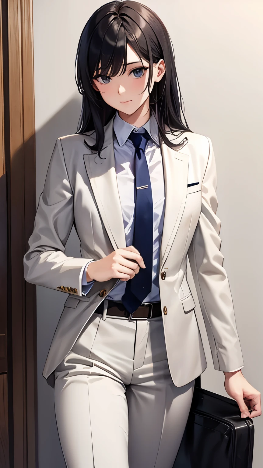 ((masterpiece)), (textured skin), ((high details)), best quality, award winning, 8k, ((beautiful woman)), beautiful lady in male clothing, gray suit, tie, white shirt, (three-piece suit), British gentleman style, classic style, black hair, straight hair, swept bangs, long hair