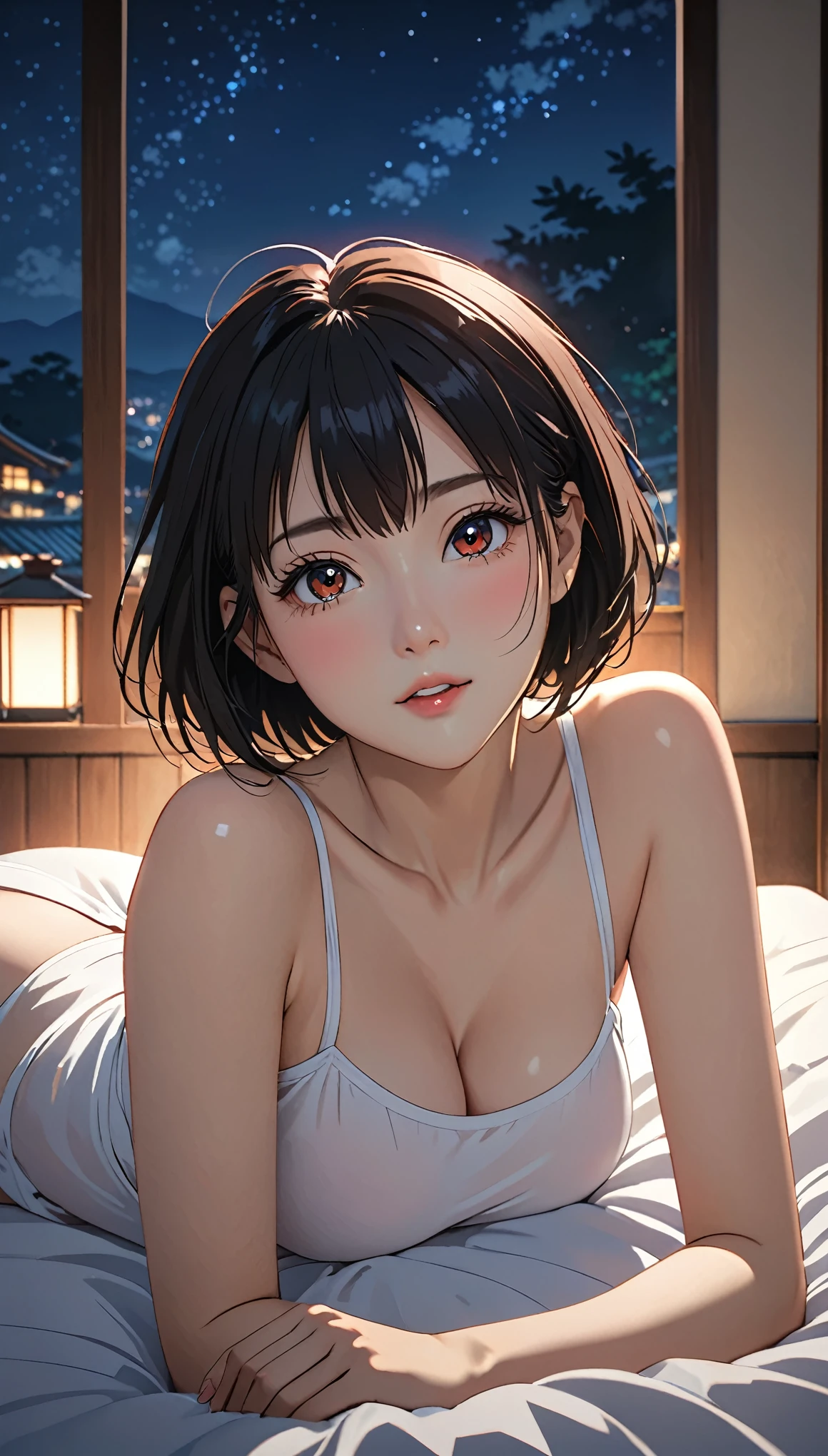 (((I want to see up to my knees:1.5、Ezvian everywhere:1.5)))、masterpiece, High resolution, shape, Kyoto Animation Style, Your Name Movie Style, night, midnight, Light, (1 female: 1.3), (alone: 1.4), Long eyelashes, Short Bob, Red Nose, Lying down, naked, Lying in bed、Tears flow、(Outstretched Hand:1.2)、Mr..々Pause、(上半身のみnaked)、Big Breasts、(Erect nipples:1.5)、(Wide-open legs:1.5)、Wide waist、Grey sports bra