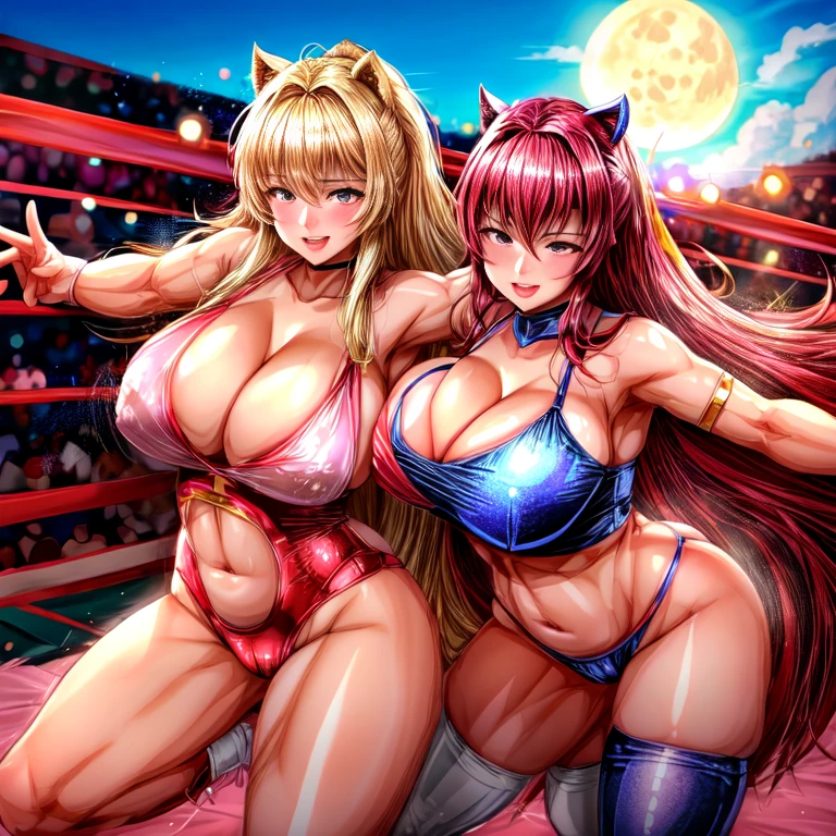 Woman dressed as a luchador_mask, 、Camel Toe、Giant tit、Nipple Puffs、Cleavage、Plump、Super big breasts、Super big butt、Put it on the ring、Professional wrestler、Quite lewd、Full body photo、Group photo、multiple、Beach、Pro wrestling、Moonsault