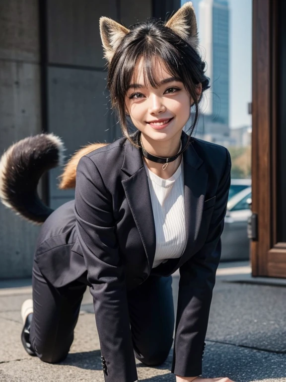 ((highest quality, 32k)), ((masterpiece)), (Get used to it), Perfect Face, Raccoon Girl, Beautiful woman, public, Has a tail, She has a fox tail, She wags her fluffy tail, smile, collar, She wears a business suit, Beautiful hip line, A tail sticking out from a business suit, Large Breasts, Get on all fours