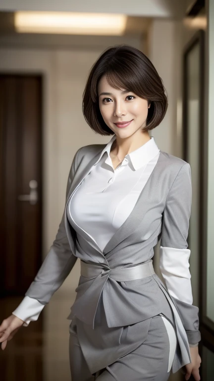 (highest quality,8k,masterpiece),
日本人Mature Woman,40 years,Mature Woman,Pure white skin, ((Full body photography:0.85))、
Full breasts:1.3、 ((White collared blouse))、((Grey tailored jacket))、Grey tight skirt、Brown short bob、
,A gentle smile、A gaze that seduces viewers、Shopping Centre、
