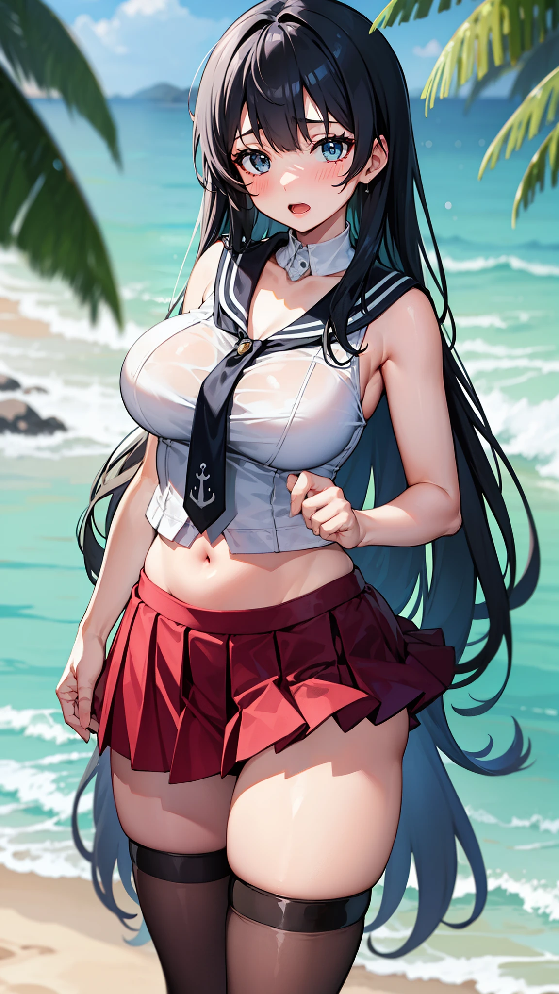 ,Open mouth, large breasts,wide hips,,,black hair,long hair,blush,,standing,cowboy shot,beach,navel,single thighhigh,sleeveless,red skirt,black necktie,white groves,white shirt,black sailor collar