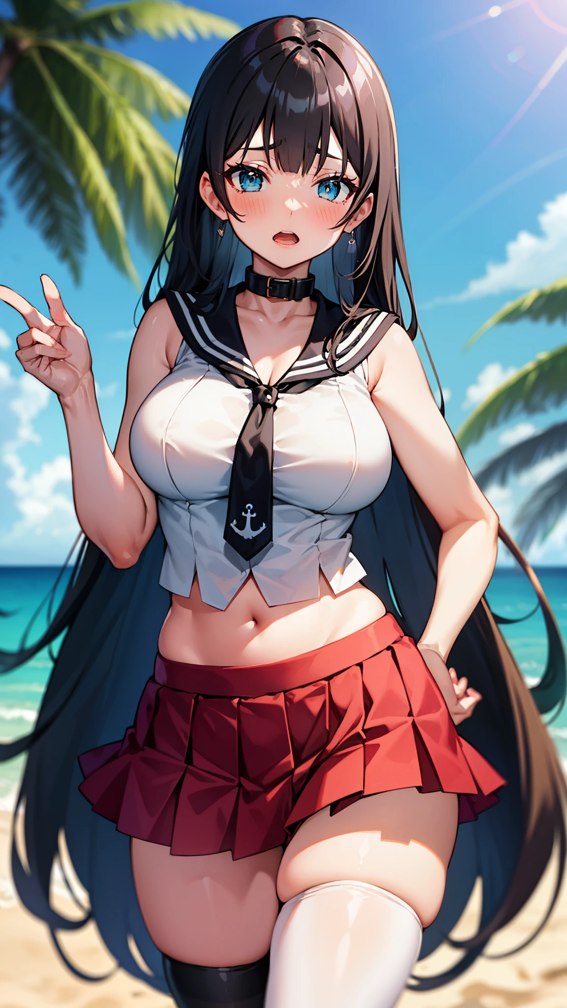 ,Open mouth, large breasts,wide hips,,,black hair,long hair,blush,,standing,cowboy shot,beach,navel,single thighhigh,sleeveless,red skirt,black necktie,white groves,white shirt,black sailor collar