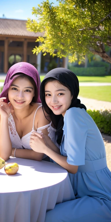 masutepiece, Best Quality, Illustration, Ultra-detailed, finely detail, hight resolution, 8K Wallpaper, Perfect dynamic composition, Multiple people,hijab, smile lips, (3 girls taking photos), korean Girls holding hand holding a small bag, slim, Slender, thin and tall body. White skin. Position: Sitting on a chair at a table, looking to the side was laughing, Beautiful detailed eyes, Natural Lip, Wear long pashmina hijab moslem,pastel robe gamis, gamis unbuttoned loose opened, showing breasts and the nipples, photo full body, view of the blue sky, hand holding a small bag, show your big , people hijab, all the girls were hand holding a small bag, lustfull smile and seducting look
