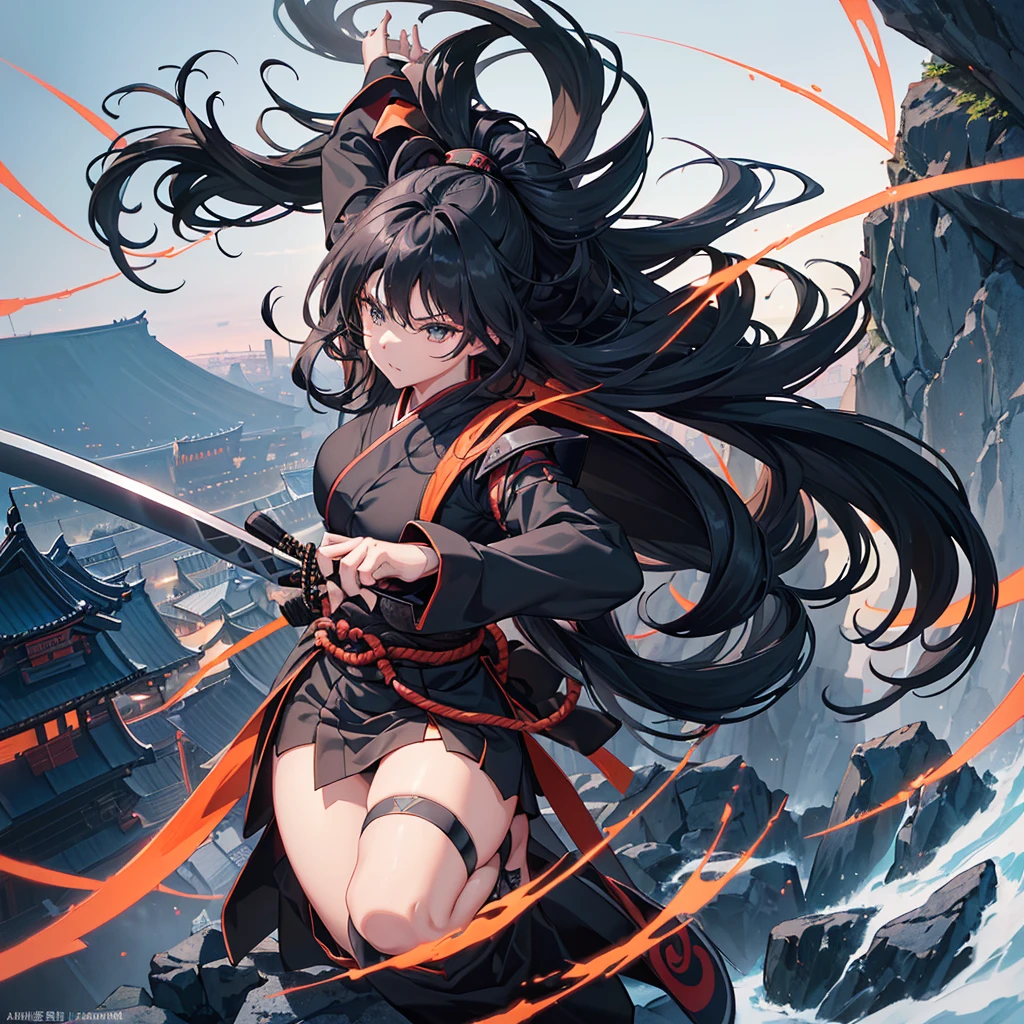 ((blackい髪 Long Hair Ninja black Kunoichi)) ((night Overlooking the city Japanese style old)) (Dance short sword Shuriken) moon star Jump Aerial dive) Draw your sword Slashing Aoi