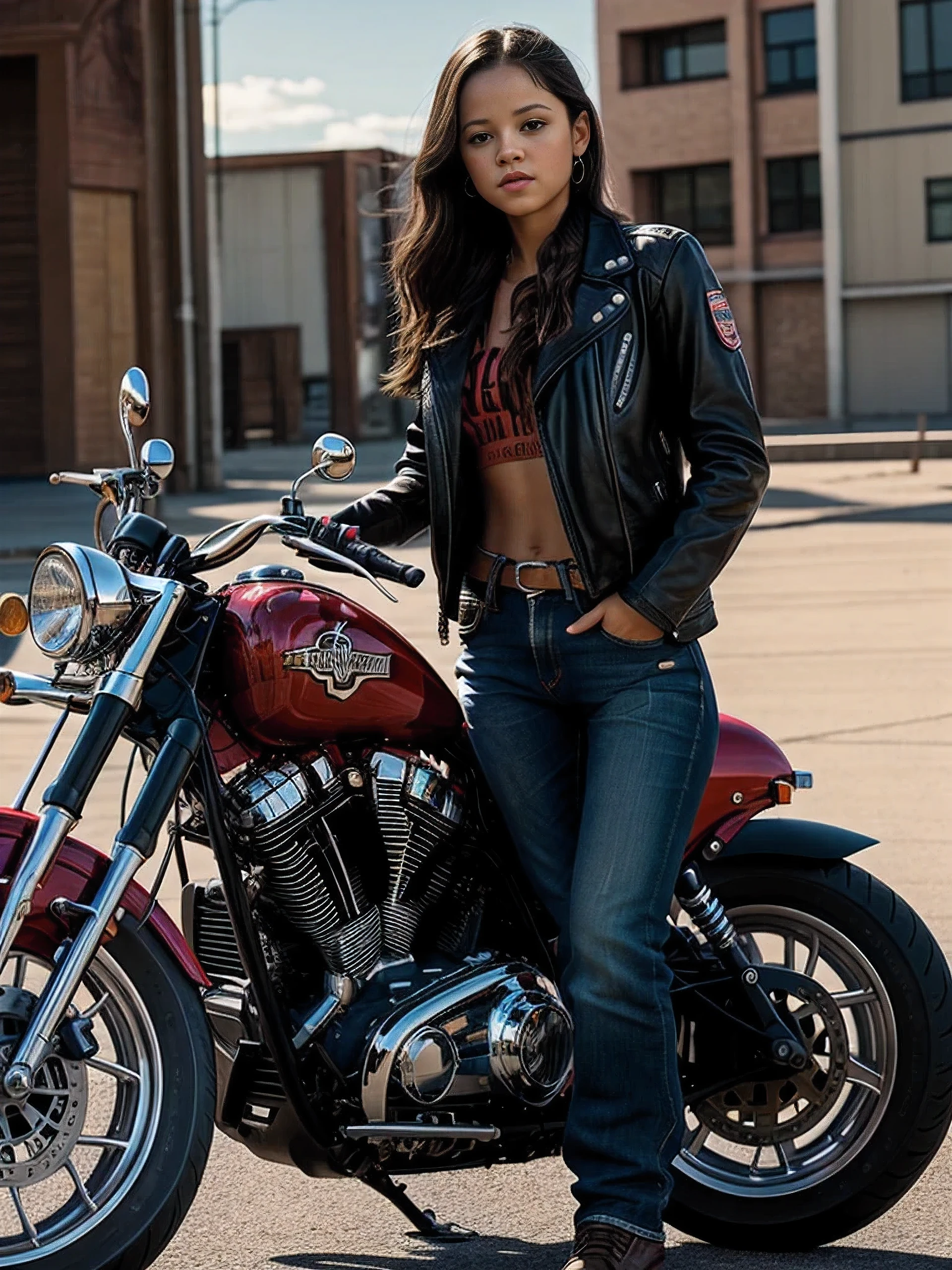 Jenna Ortega at the age of 19 as Terminator T 800 model 101, leather jacket ,aviator sunglasses, Shotgun in hand,riding a Harley Davidson fatboy motorcycle,HDR,8k render,still from the film, photorealism,style of the film Terminator 