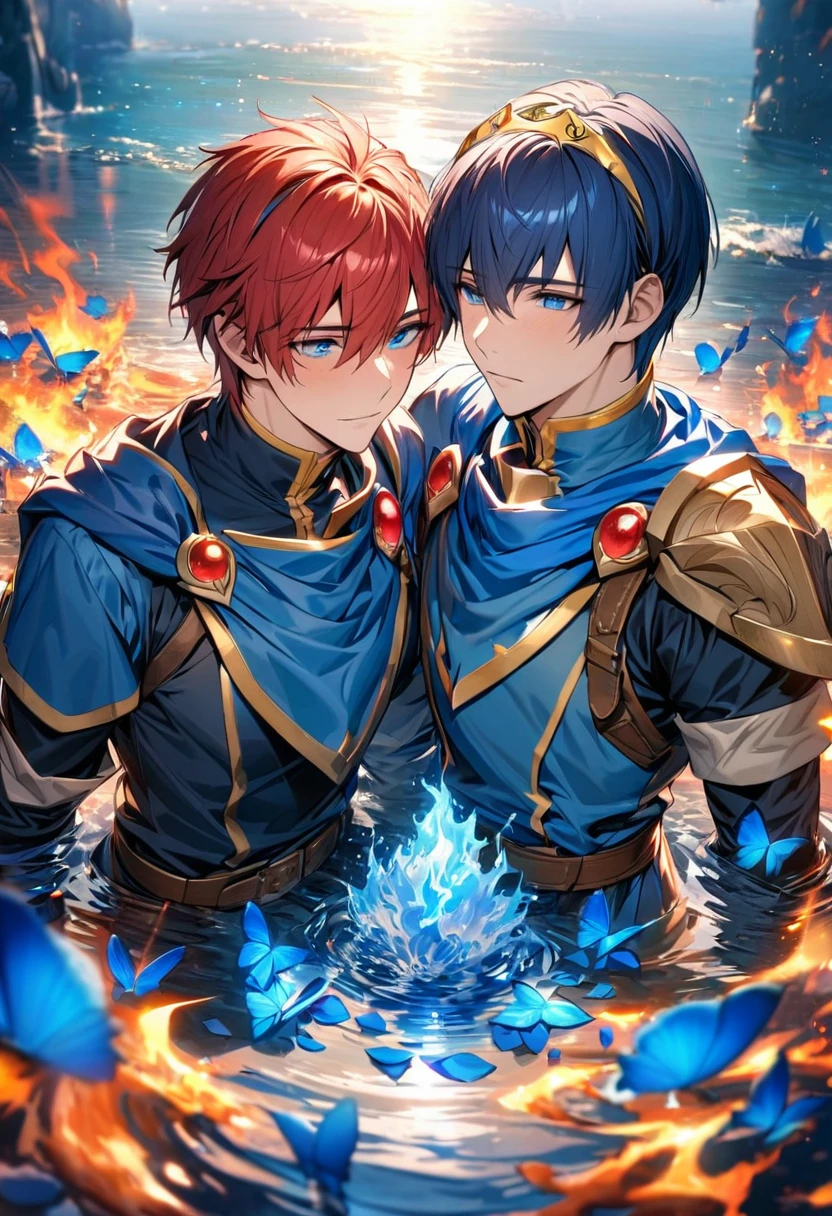 absurdres, highres, ultra detailed, HDR, master piece, best quality, Roy, red hair, expressive blue eyes, Fire Emblem, Marth, dark blue hair, expressive blue eyes, two men together, gay couple, handsome, water, blue flowers, blue petals, blue butterflies