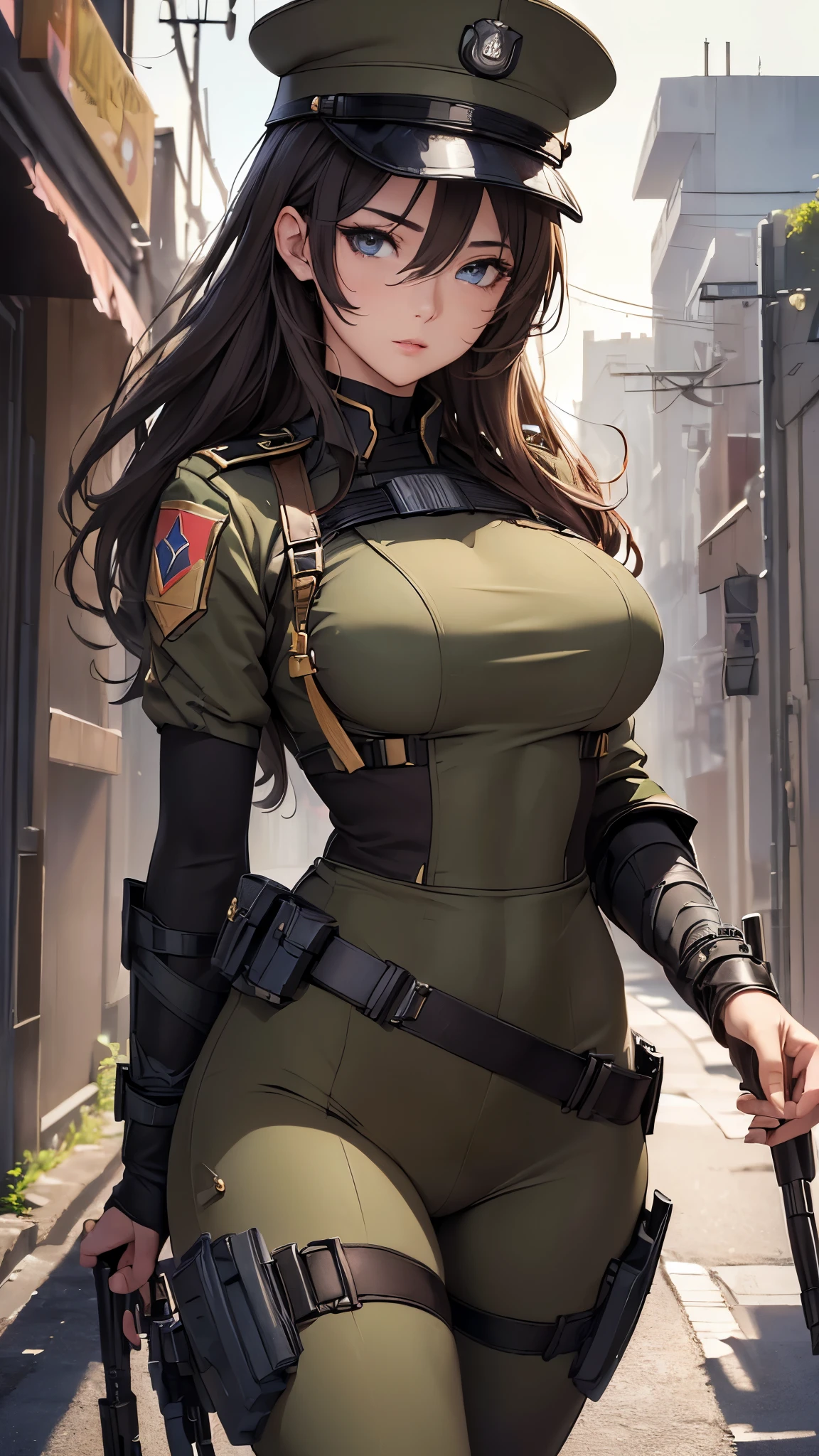 (((masterpiece))),(((High resolution)))、(((8K)))、(((Beautiful woman modern soldier))), thighs, ((top quality eyes)), (detailed face), (detailed texture), look at the camera