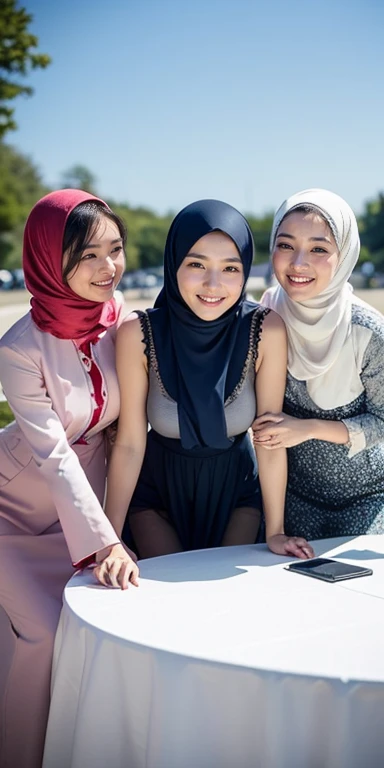 3 women spreading leg, (1 matured malay woman in hijab naked), (1 matured dark skin indian woman with golden brown hair and naked) , (1 matured little chinese women with short white bob hair and naked) , taking picture together in the bedroom, ( all woman is naked lying on bed), laughing, happy seducing pose, pastel hijab, small breast, slim, little beer belly, wide waist, thick thighs,