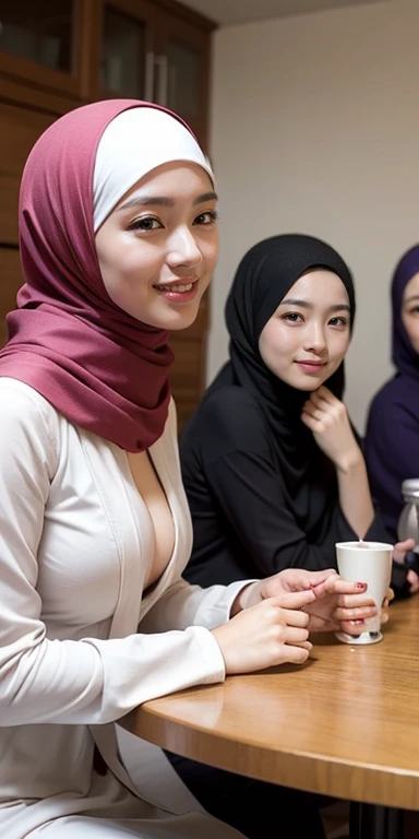 masutepiece, Best Quality, Illustration, Ultra-detailed, finely detail, hight resolution, 8K Wallpaper, Perfect dynamic composition, Multiple people,hijab, smile lips, (3 girls taking photos), korean Girls holding hand holding a small bag, slim, Slender, thin and tall body. White skin.  Position: Sitting on a chair at a table, looking to the side was laughing, Beautiful detailed eyes, Natural Lip, Wear long pashmina hijab moslem,pastel robe gamis, gamis unbuttoned loose opened, showing breasts and the nipples, photo full body, view of the blue sky, hand holding a small bag, show your big , people hijab, all the girls were hand holding a small bag, lustfull smile and seducting look 