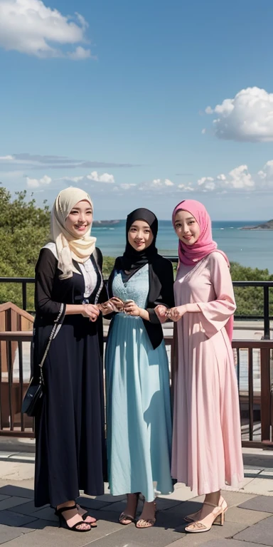 masutepiece, Best Quality, Illustration, Ultra-detailed, finely detail, hight resolution, 8K Wallpaper, Perfect dynamic composition, Multiple people,hijab, smile lips, (3 girls taking photos), korean Girls holding hand holding a small bag, slim, Slender, thin and tall body. White skin. Position: Sitting on a chair at a table, looking to the side was laughing, Beautiful detailed eyes, Natural Lip, Wear long pashmina hijab moslem,pastel robe gamis, gamis unbuttoned loose opened, showing breasts and the nipples, photo full body, view of the blue sky, hand holding a small bag, show your big , people hijab, all the girls were hand holding a small bag, lustfull smile and seducting look