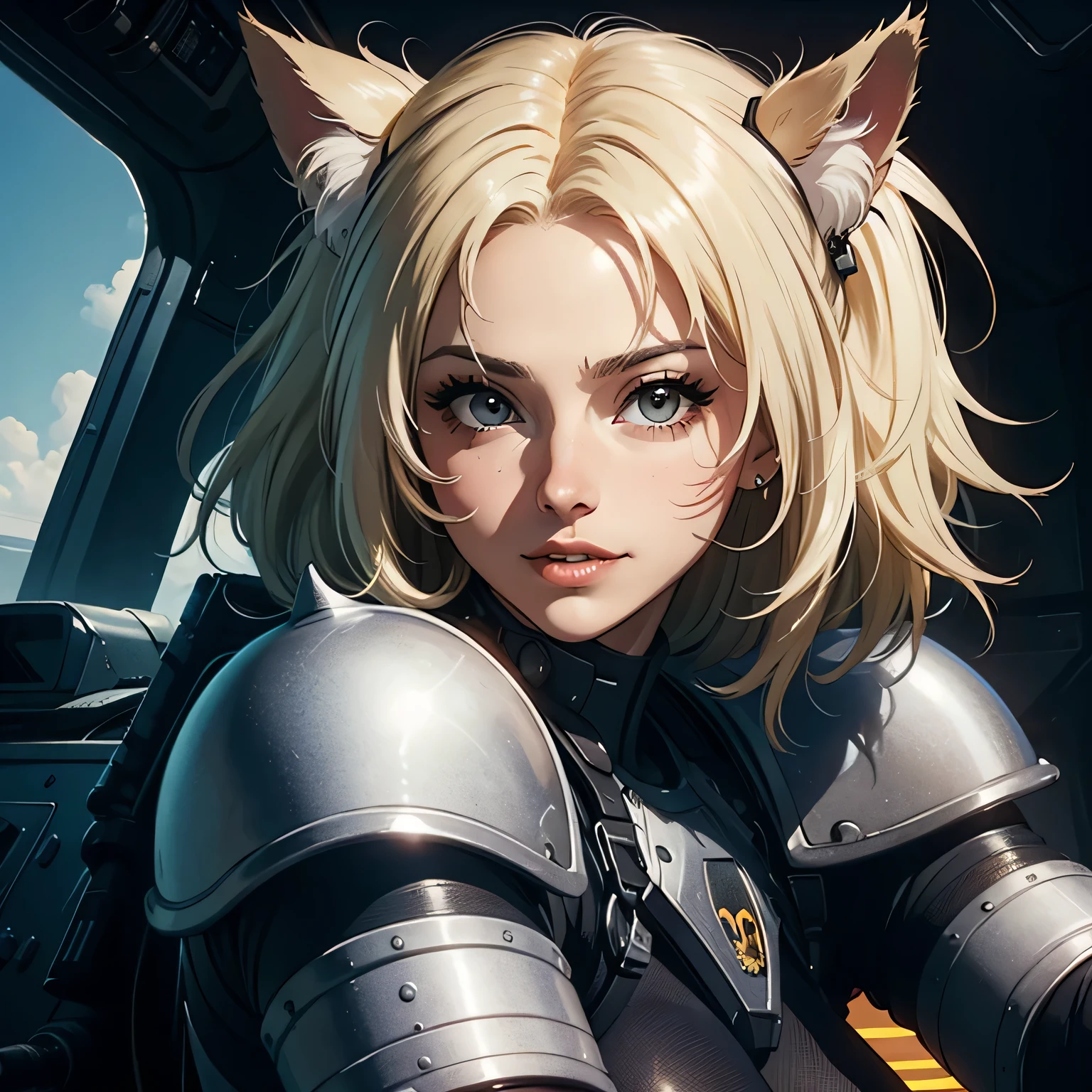 ((highest quality)), ((masterpiece)), (be familiar with), (High definition), 8K, Perfect Face、2Women、Two blonde women with cat ears、((Standing by in the mobile suit's 2cockpit))、Fearless smile、tall、2 Blonde cat ears、2. Long Hair、2. Volumetric hair style、Large Breasts、Narrow waist、Big Ass、glamorous、Alluring、protector、Armor、combat suit、Combat Boots、Armament、Cinematic、Best Shadow、Side lighting、NEO TOKYO、((cockpit))、(Close-up of face)