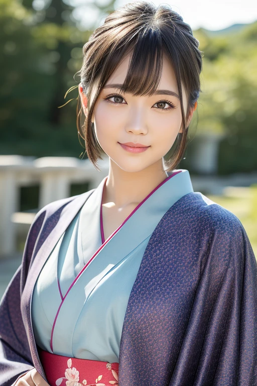 (highest quality:1.5)、(Realistic:1.5)、(1 person:1.5)、whole body、(Very detailed)、(High resolution)、8k、Beautiful kimono with Japanese patterns、Cute obi with Japanese patterns、kimono、Small breasts、Natural color lips、Cute smile、Japanese women、20 year old girl、Thin eyebrows、Beautiful and elegant face、cute顔、cute目、Big eyes、Fair skin、Beautiful and elegant face、Natural Bangs、Beautiful and thin nose、Beautiful Skin、Medium Bob Hair、Short Hair、Natural Bangs、Perfect and beautiful face、Slim face and figure、(Looking at the camera with a cute expression)、(Bright lighting)、Professional Lighting、 (Lighting from the front)、Natural smile、cute、Simple Background、Outdoor、Elegant pose、Kimono with furisode、可愛いKimono with furisode、(Cute kimono)、(可愛いkimono)、
