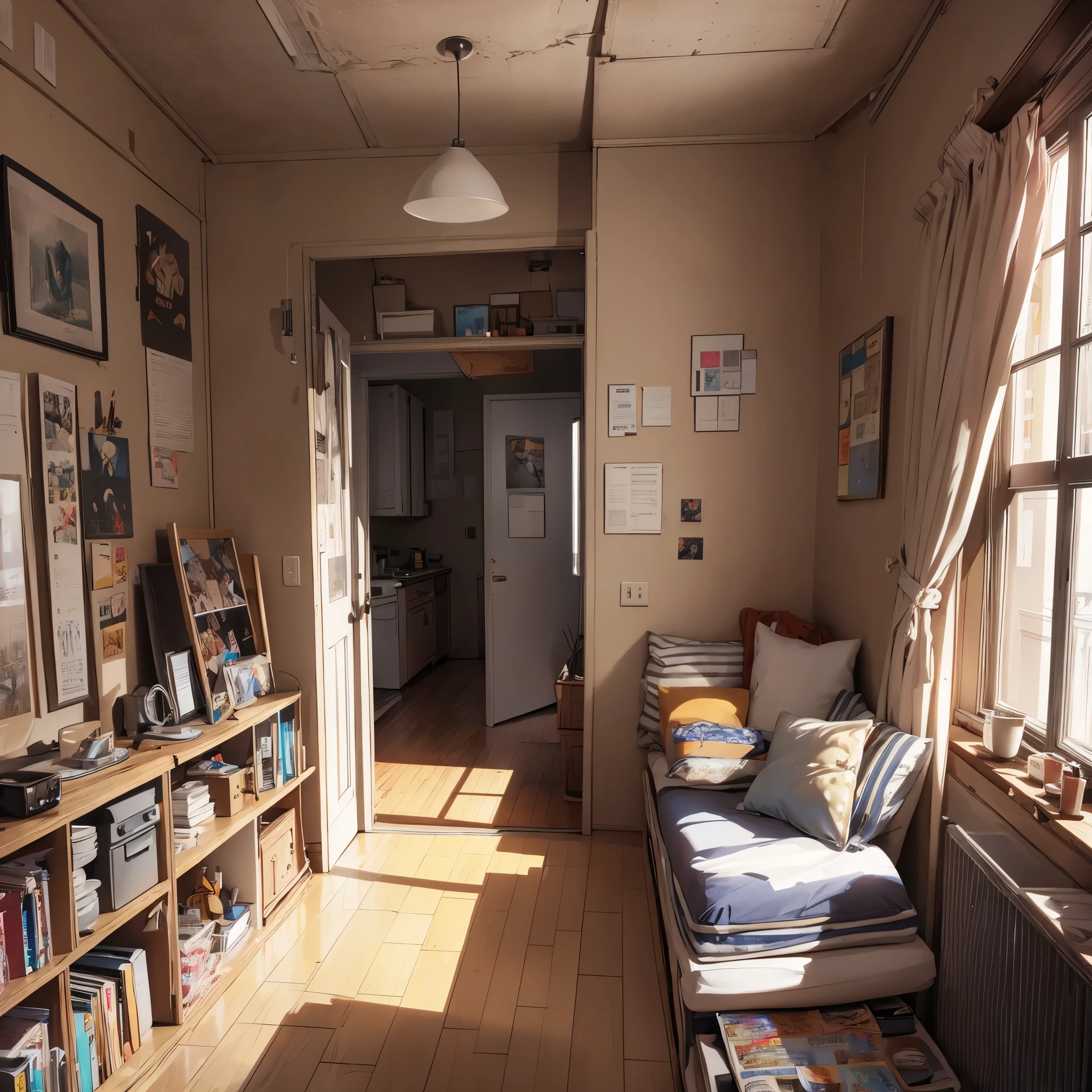 ((20-year-old woman,Blonde short bob hair,She is walking through an empty room)),Huge kids room,A room with children's graffiti,Messy room,Dim electricity,Dimly lit room,There are many long and thin monsters,Uneasy atmosphere,