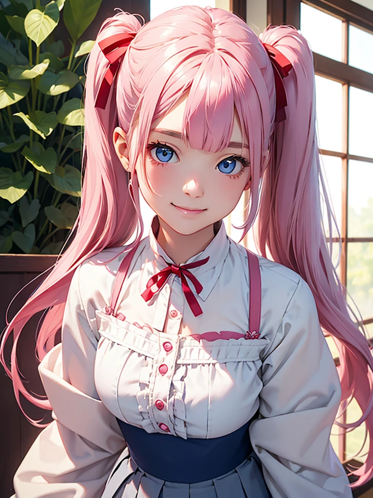 highest quality、Realistic、girl、Japanese、zoom、look up、cute、smile、Blue Eyes、Pink hair、Long twin tails、White blouse、Red ribbon、Gray culotte skirt、slender、Small breasts、Face close-up