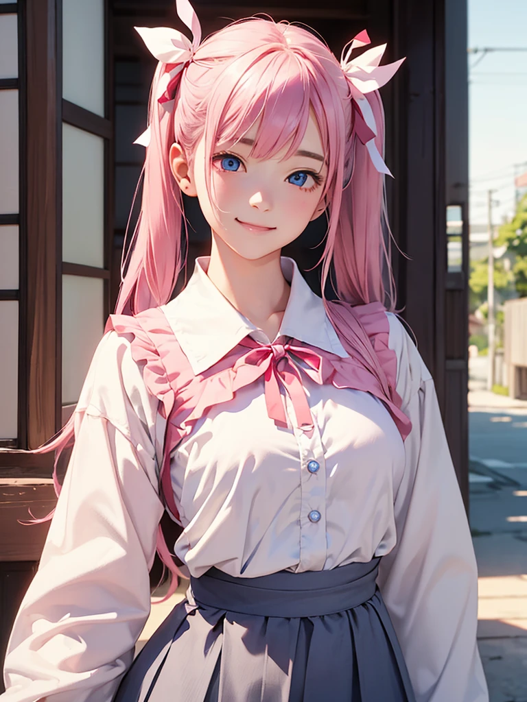 highest quality、Realistic、girl、Japanese、zoom、look up、cute、smile、Blue Eyes、Pink hair、Long twin tails、White blouse、Red ribbon、Gray culotte skirt、slender、Small breasts、Face close-up