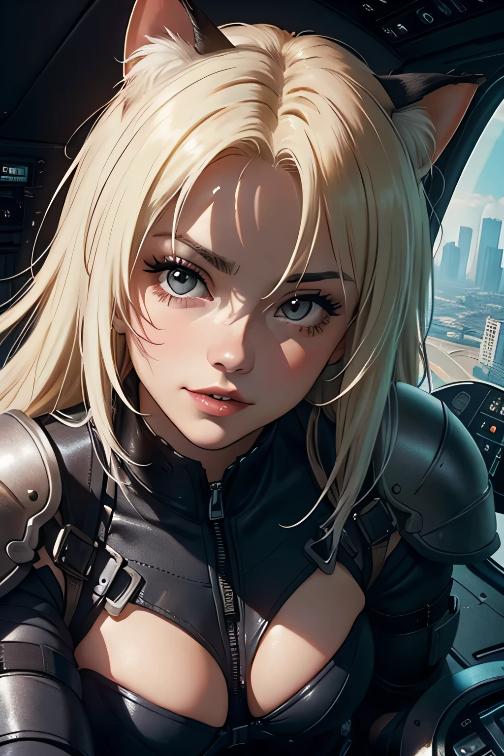 ((highest quality)), ((masterpiece)), (be familiar with), (High definition), 8K, Perfect Face、2Women、Two blonde women with cat ears、((Standing by in the mobile suit's 2cockpit))、Fearless smile、tall、2 Blonde cat ears、2. Long Hair、2. Volumetric hair style、Large Breasts、Narrow waist、Big Ass、glamorous、Alluring、protector、Armor、combat suit、Combat Boots、Armament、Cinematic、Best Shadow、Side lighting、NEO TOKYO、((cockpit))、(Close-up of face)