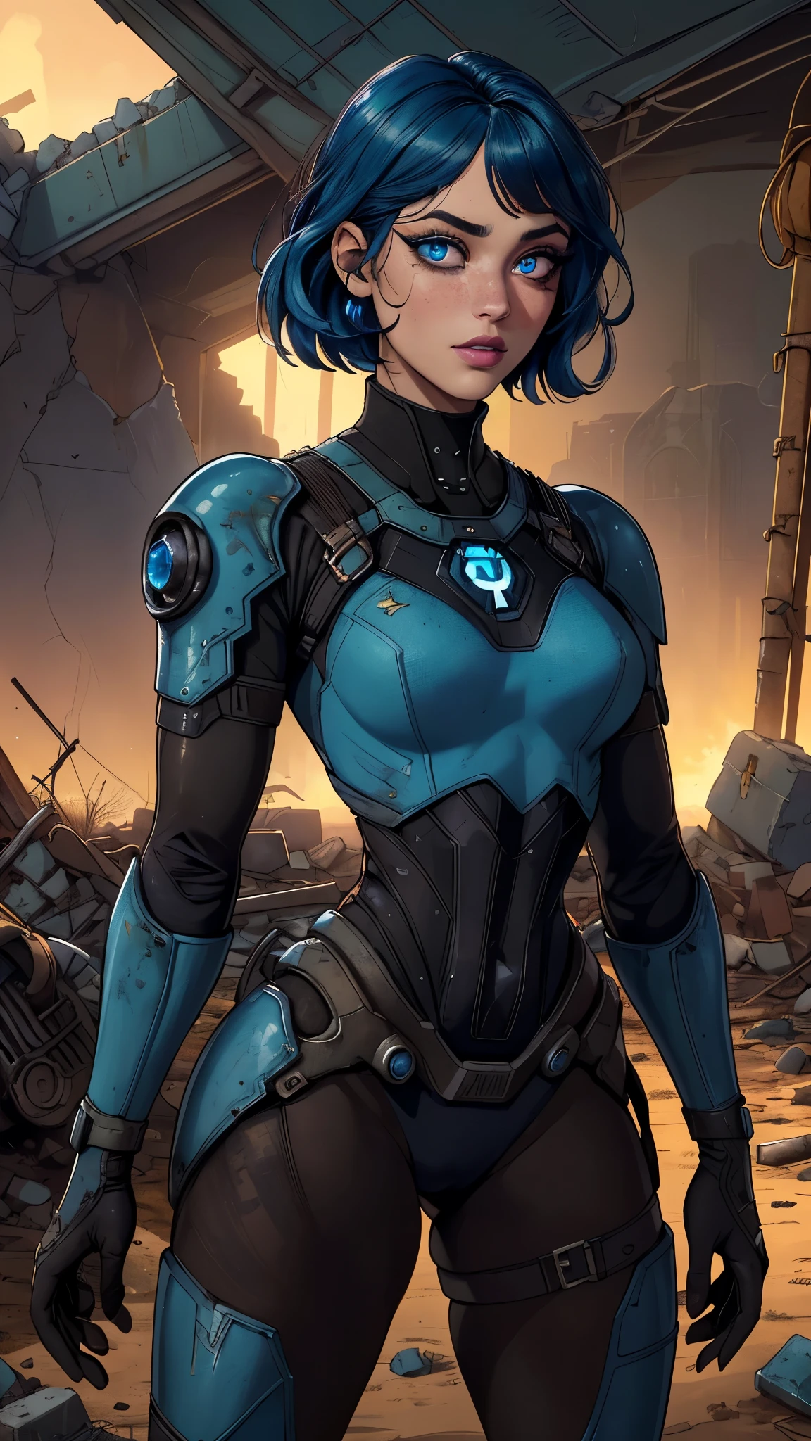 (La mejor calidad,A high resolution,Ultra - detallado,actual),Ella Purnell linda y nerd, (cabello negro corto :1.4) (Ingrid Bergman:Gillian Jacobs:0.5), pelo negro ondulado atado en una cola de caballo, (wearing a blue vault suit from Fallout 4 with lots of details and slits), Cara de alto detalle, Piel de alto detalle, seductive expression, cuerpo perfecto, proporciones perfectas, a nuclear wasteland background with scattered ruins, alta calidad, Obra maestra, foto realista, intrincadamente detallado, 8k, hdr, poca profundidad de campo, Luz amplia, alto contraste, Iluminar desde el fondo, Sharp focus, Foto en color crudo, mirando a la camara, colores frios, dynamic poses, (al estilo de Fallout 4:1.4) , (Detalles de la cara: 1.5) , (ojos azules, hermoso rostro, ojos bonitos, Iris lining, labios delgados: 1.5) , delgado, pale and sharp eyebrows, Largo, dark eyelashes, double eyelashes),(Ella Purnell:1.4), (Ella Purnell V2.1), (Fall V2.1)