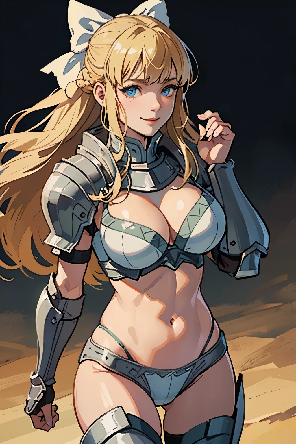 (masterpiece), best quality, expressive eyes, perfect face, toned body, armored legwear, vambraces, bikini armor, hair bow, charlotte, smile, large breasts, cleavage, simple background