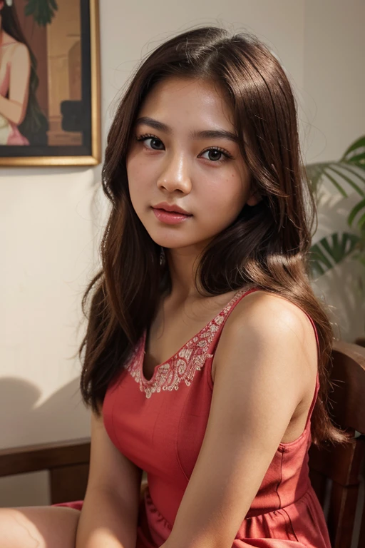 medium:illustration,beautiful detailed eyes and face,long hair,perfect face,Thai girl,,soft pink lips,short red dress, vibrant colors, exquisite details, (best quality, masterpiece:1.2), youthful look
