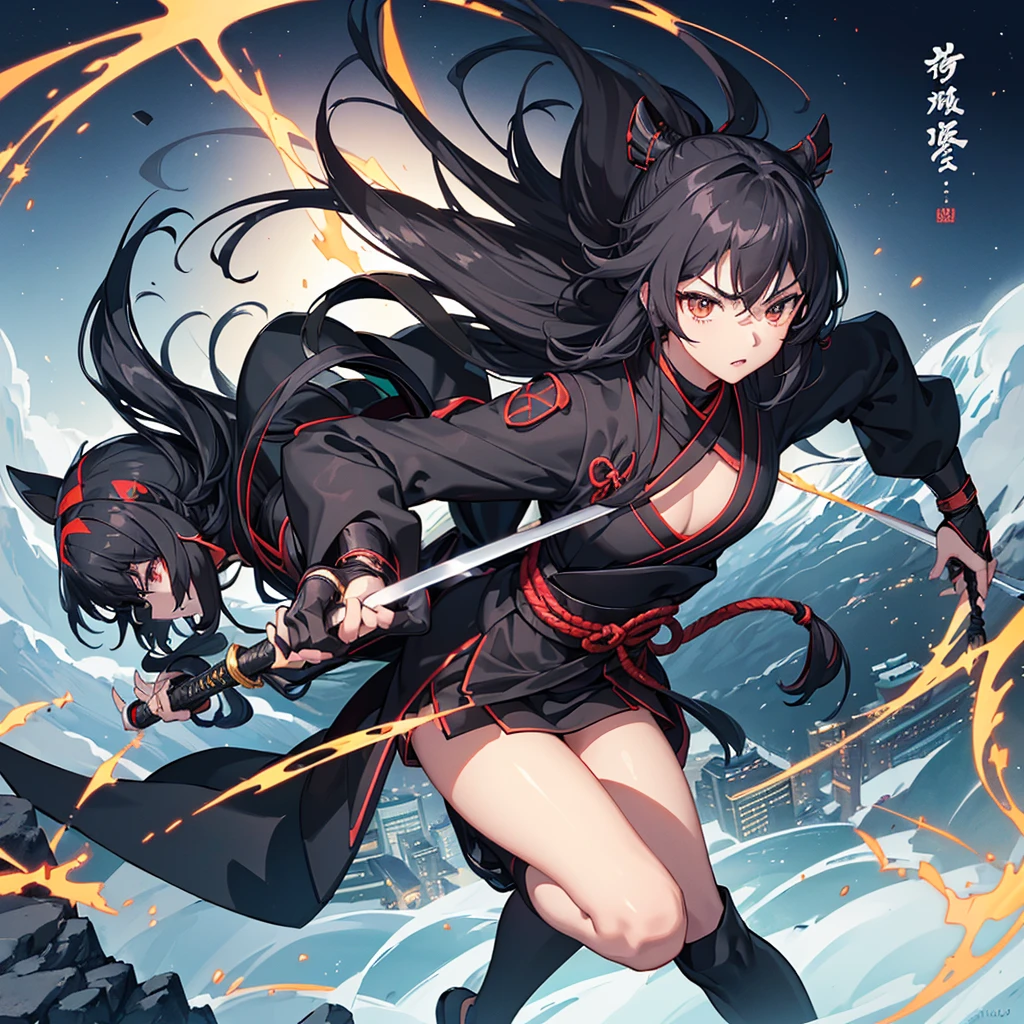 ((blackい髪 Long Hair Ninja black Kunoichi one person Lonely)) ((night Overlooking the city Japanese style old)) (Dance short sword) moon star Jump Aerial drop down) Draw your sword Slashing Catch the wind print