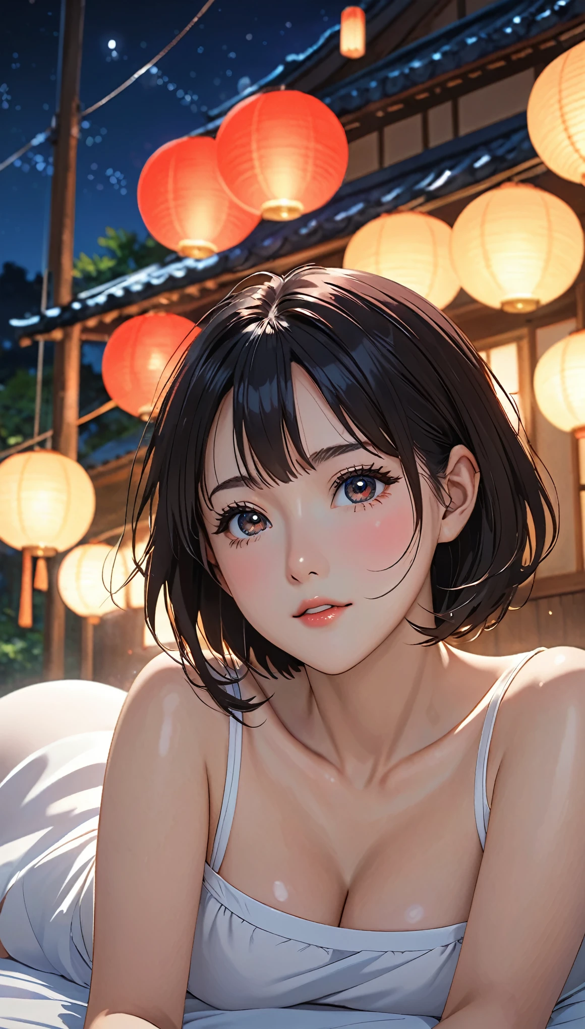 (((I want to see up to my knees:1.5、Ezvian everywhere:1.5)))、masterpiece, High resolution, shape, Kyoto Animation Style, Your Name Movie Style, night, midnight, Light, (1 female: 1.3), (alone: 1.4), Long eyelashes, Short Bob, Red Nose, Lying down, naked, Lying in bed、Tears flow、(Outstretched Hand:1.2)、Mr..々Pause、(上半身のみnaked)、Big Breasts、(((Erect nipples:1.5)))、(Wide-open legs:1.5)、Wide waist、Grey sports bra