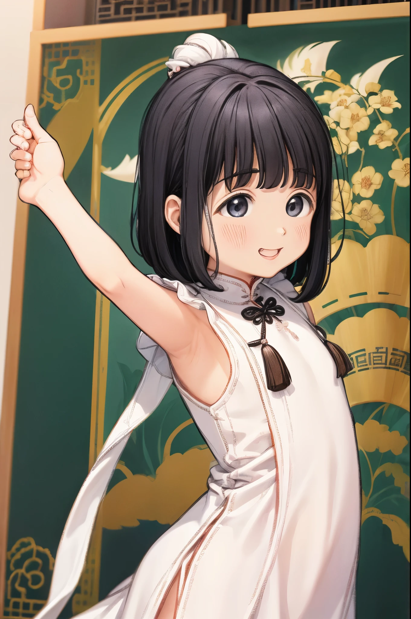 , (White Chinese Dress:1.3) , (Small body:1.5) , Black Hair , village , Laughing , playing , Thin fabric ,
