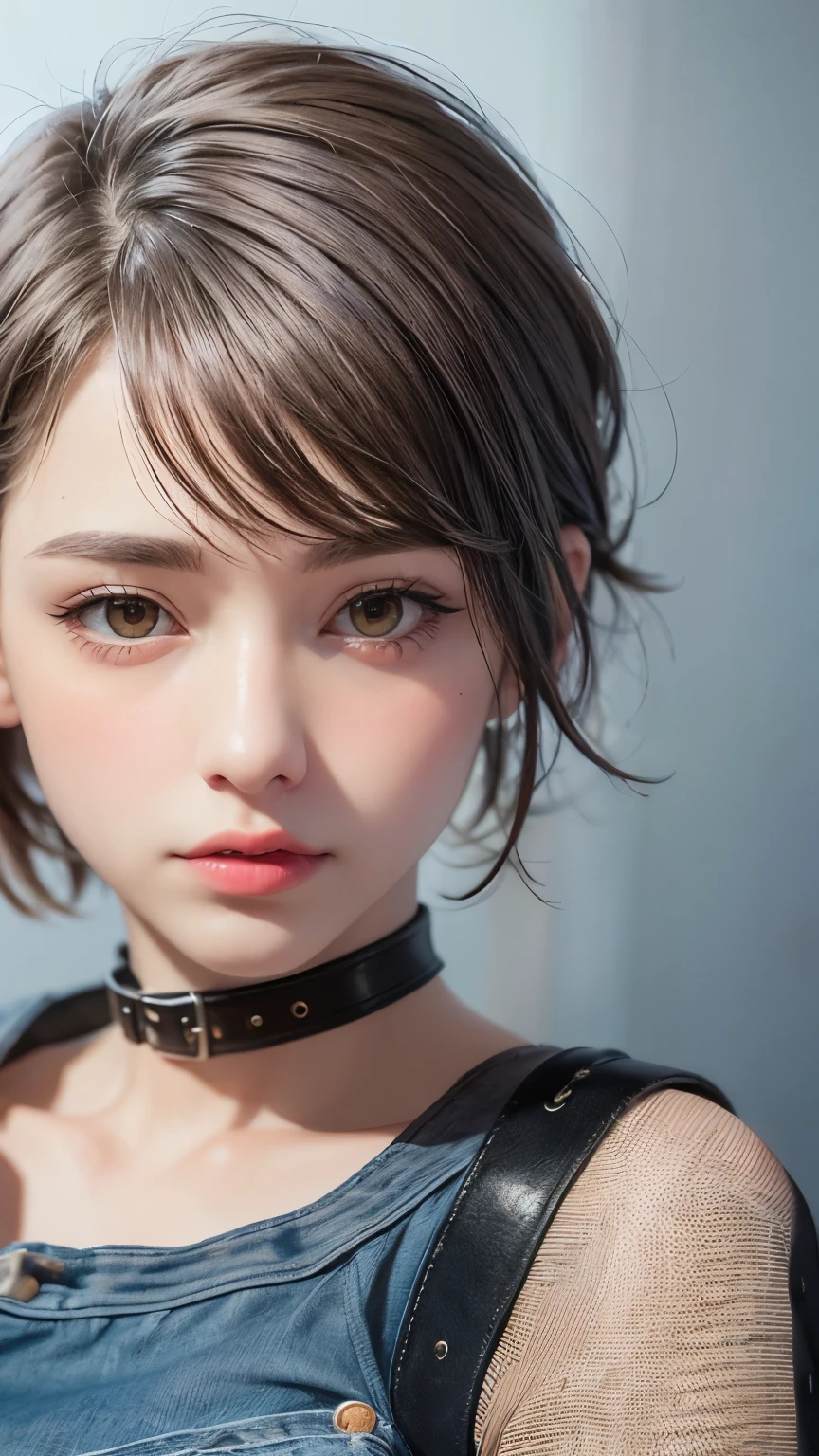 Masterpiece hyperrealist & Photorealistic beautiful girl, Realistic Skin (Pore-filled skin) Short Bob Cut Hair, Realistic red lips,Punk Girl, (head shot:1.5),Leather shorts,No sleeve,