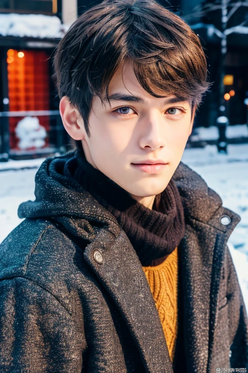 Photorealsitic, 8K full body poster, Beautiful Boys, japanes, An 18-year-old man, A charming expression, detailed face details, TOKYOcty, Winters, Shibuya in the background